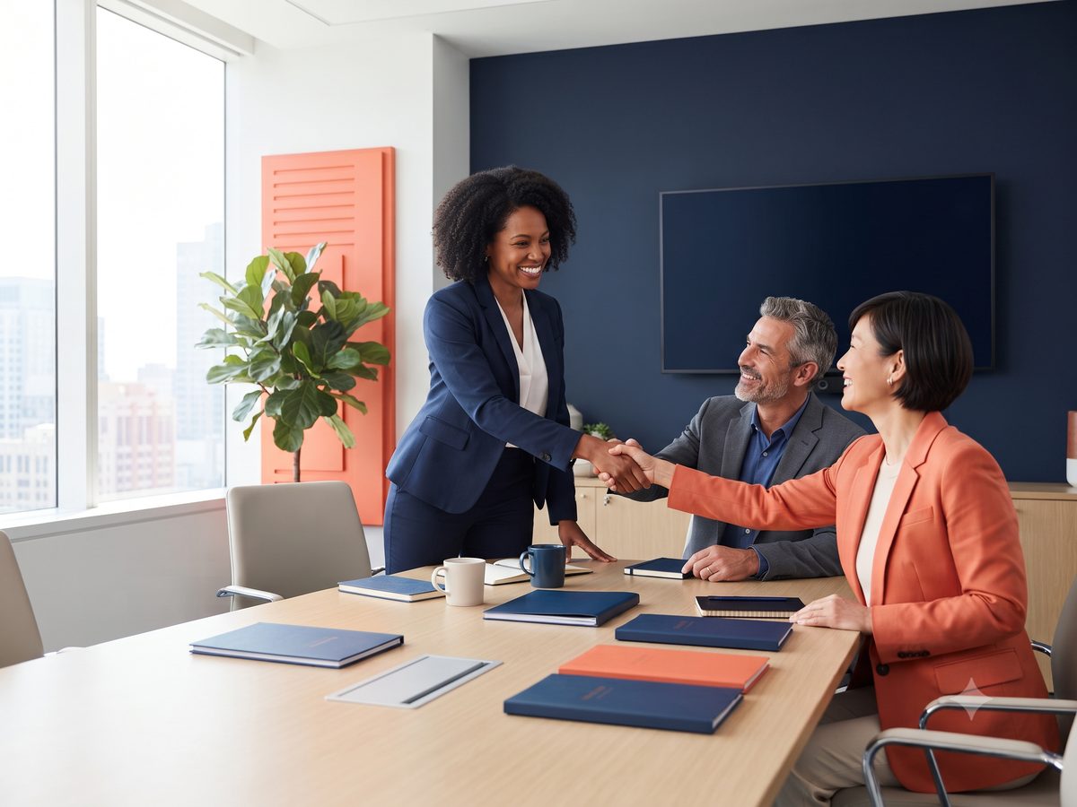 Account executive shaking hands with clients at the close of a quarterly business review