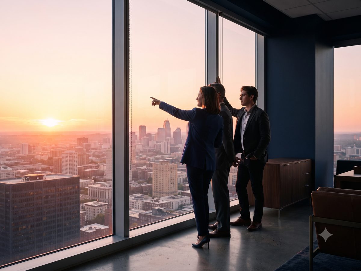 Team at a floor-to-ceiling office window at sunrise, looking out over the city skyline